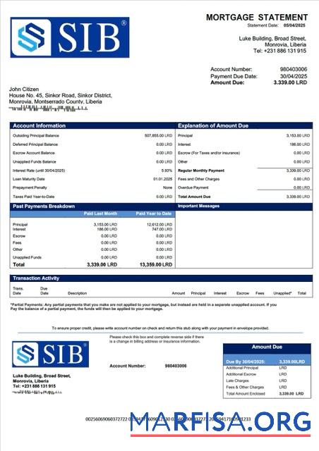 Realistic Liberia Sapelle International Bank Liberia Limited mortgage statement Word and PDF template